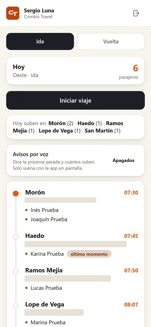 Pantalla del chofer en la app de Combis Travel