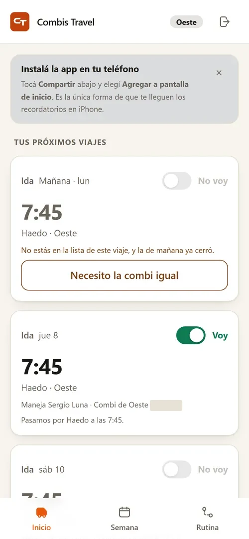 Pantalla del empleado en la app de Combis Travel