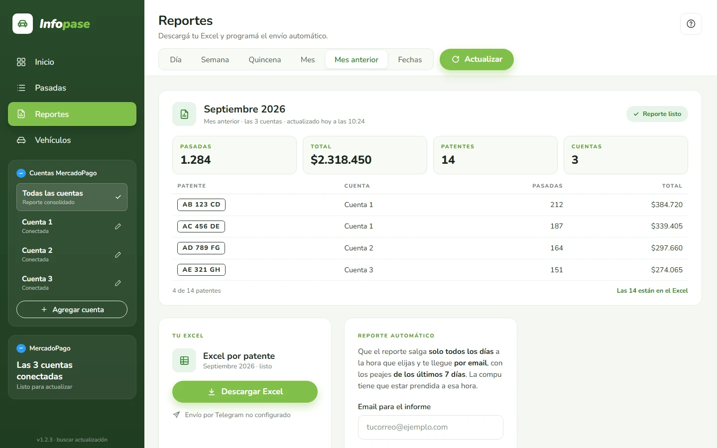 Pantalla de Reportes de Infopase con un reporte por patente (datos de ejemplo)