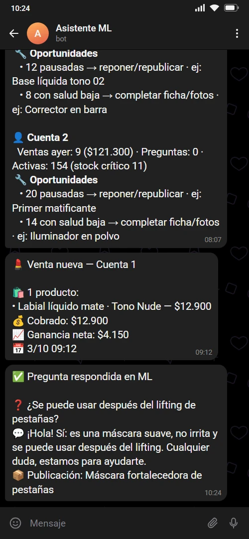 Aviso en Telegram de una pregunta de MercadoLibre que respondió el bot (datos de ejemplo)