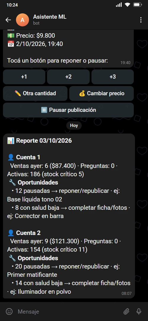 Reporte diario de las dos cuentas en Telegram (datos de ejemplo)