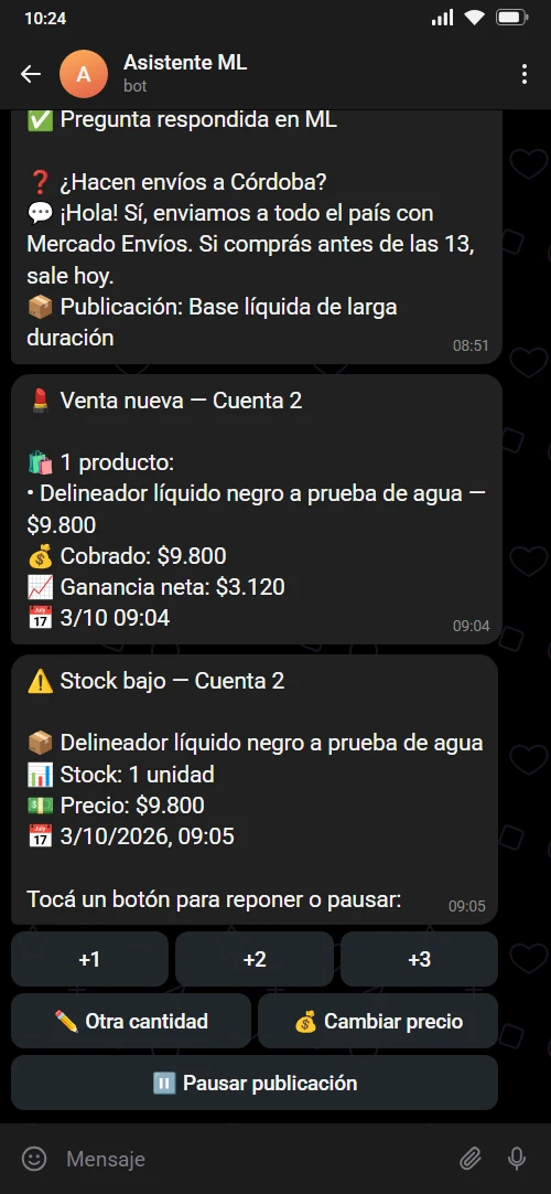 Aviso de stock bajo en Telegram, con botones para reponer o pausar (datos de ejemplo)