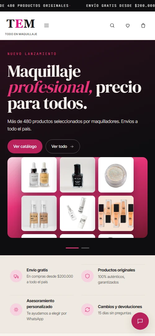 La tienda online de TEM vista en el celular